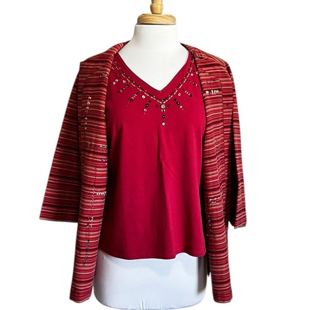 KORET Embroidered 2pc Set Jacket & Tank Top Red Stripe Cotton Blend S/L - Picture 3 of 7